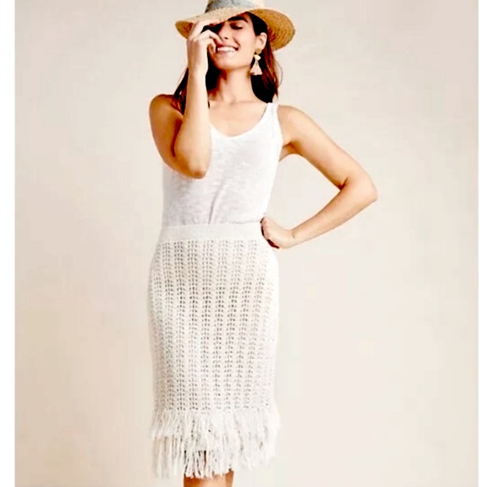 Anthropologie x Maeve | crocheted off-white skirt w/tiered raw fringe bo…